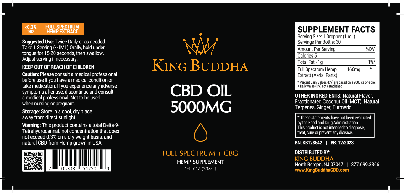 FULL SPECTRUM CBD TINCTURE OIL NATURAL – 5000MG – 30ML - King Buddha