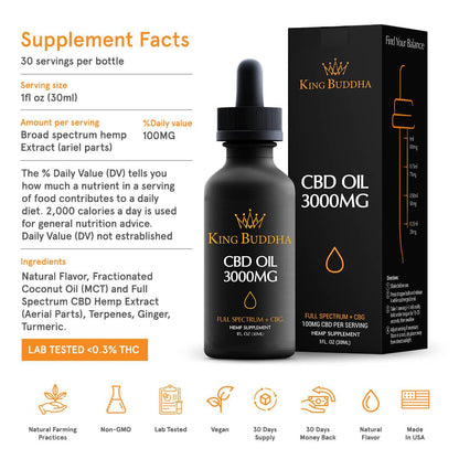 FULL SPECTRUM CBD TINCTURE OIL NATURAL – 3000MG – 30ML - King Buddha