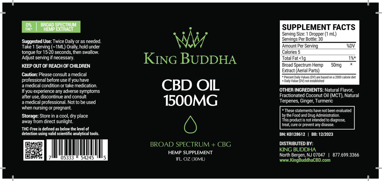 BROAD SPECTRUM CBD TINCTURE OIL NATURAL – 1500MG – 30ML - King Buddha