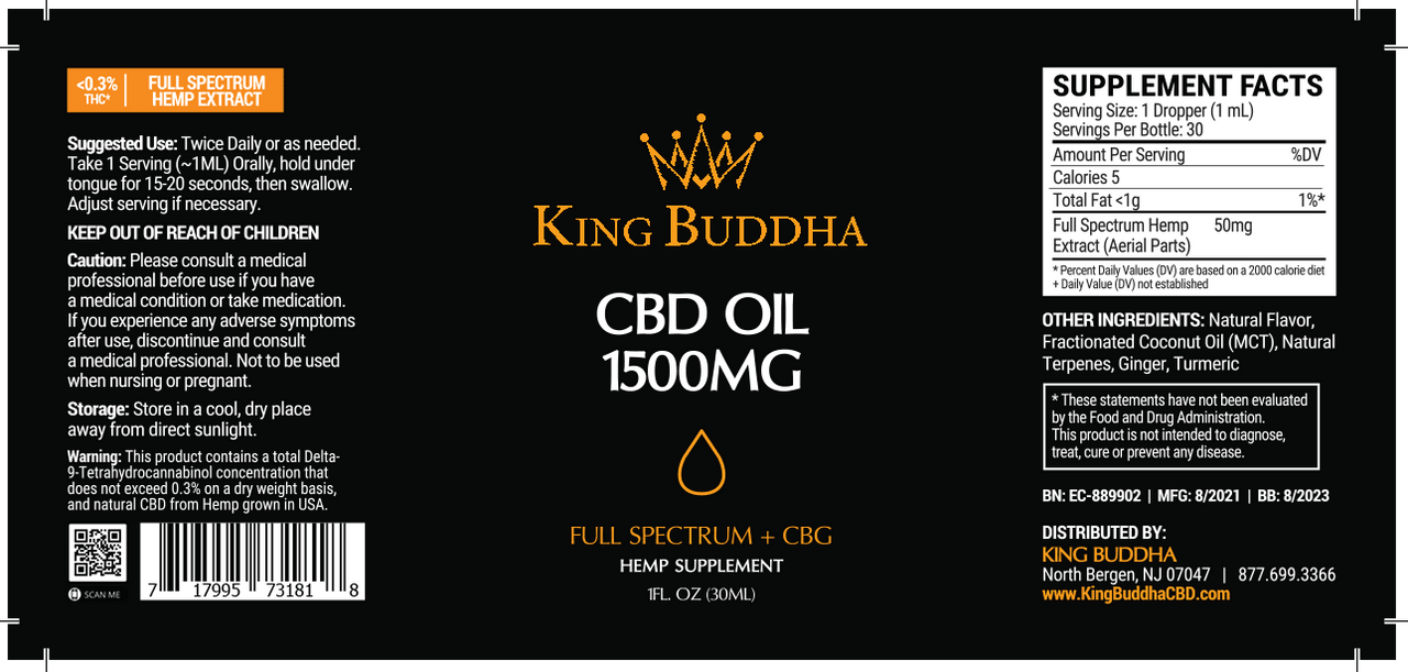 FULL SPECTRUM CBD TINCTURE OIL NATURAL – 1500MG – 30ML - King Buddha