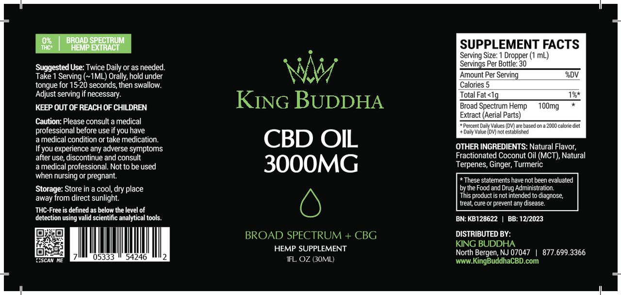 BROAD SPECTRUM CBD TINCTURE OIL NATURAL – 3000MG – 30ML - King Buddha