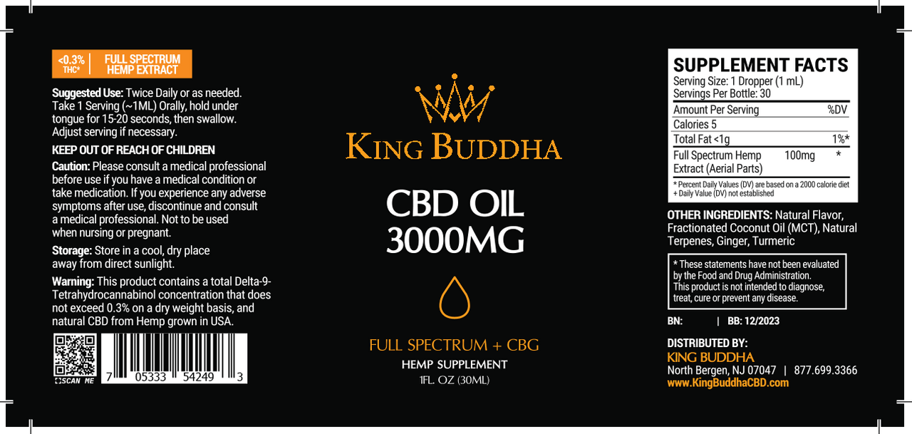 FULL SPECTRUM CBD TINCTURE OIL NATURAL – 3000MG – 30ML - King Buddha