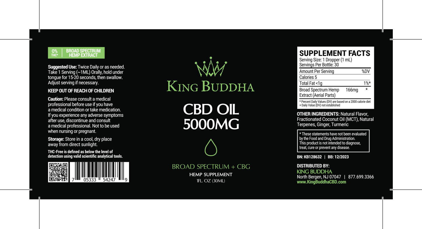 BROAD SPECTRUM CBD TINCTURE OIL NATURAL – 5000MG – 30ML - King Buddha